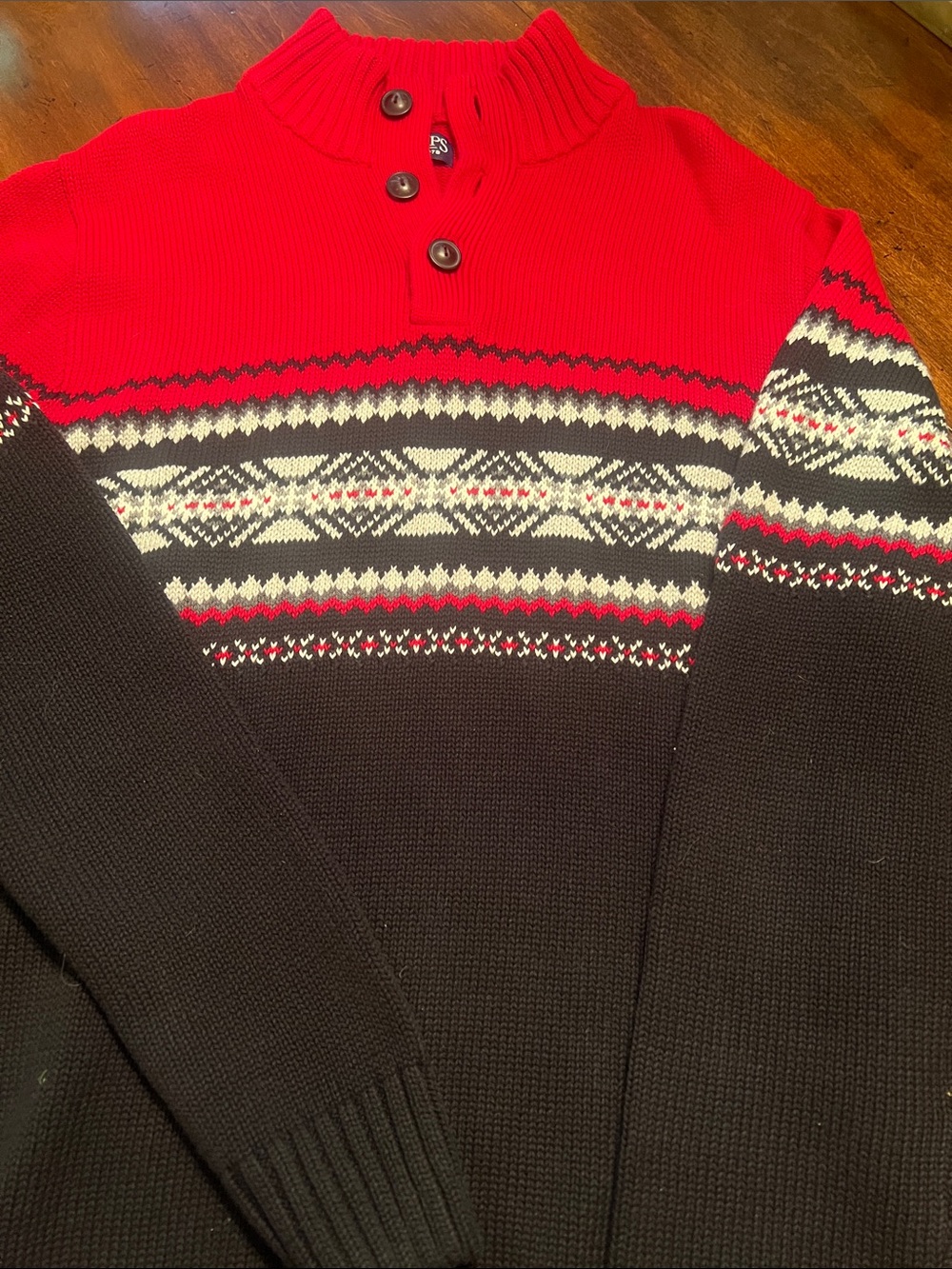 Chaps Red and Black Fair Isle Zip Mock Neck Sweater